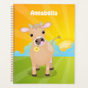 Cute happy jersey cow and flower cartoon planner