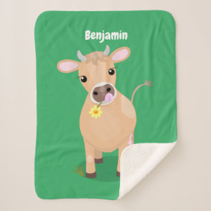 Cute happy jersey cow and flower cartoon sherpa blanket