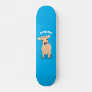 Cute happy jersey cow and flower cartoon skateboard