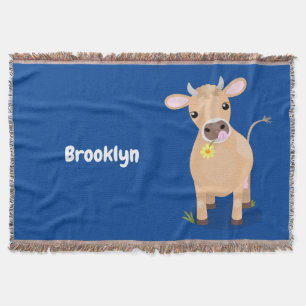 Cute happy jersey cow and flower cartoon throw blanket