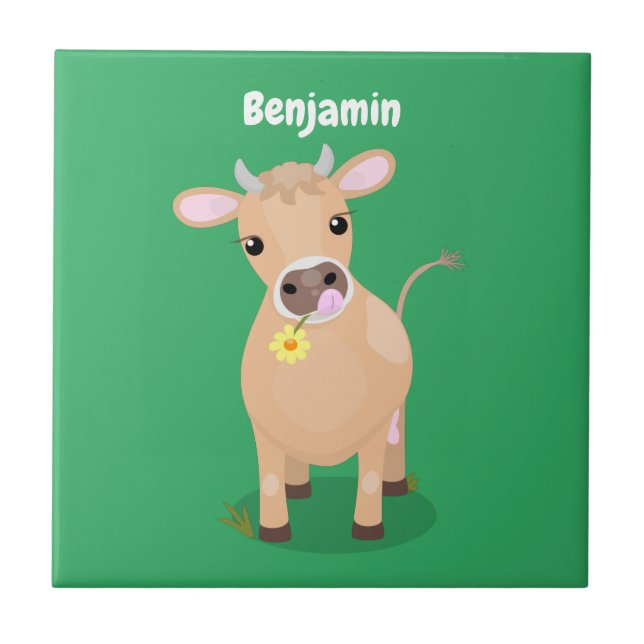 Cute happy jersey cow and flower cartoon tile (Front)
