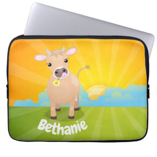 Cute happy jersey cow and flower sunrise cartoon laptop sleeve
