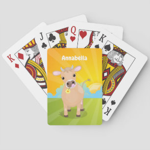Cute happy jersey cow and flower sunrise cartoon playing cards