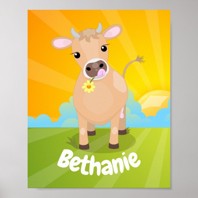 Cute happy jersey cow and flower sunrise cartoon poster (Front)