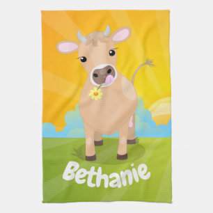 Cute happy jersey cow and flower sunrise cartoon tea towel