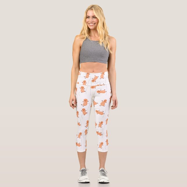 Cute happy jumping peanuts cartoon illustration capri leggings (Front)