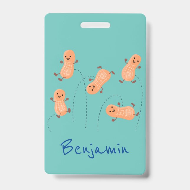 Cute happy jumping peanuts cartoon illustration ID badge (Front)