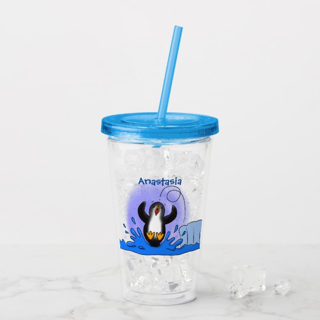 Cute happy jumping penguin cartoon illustration acrylic tumbler (Back Ice)