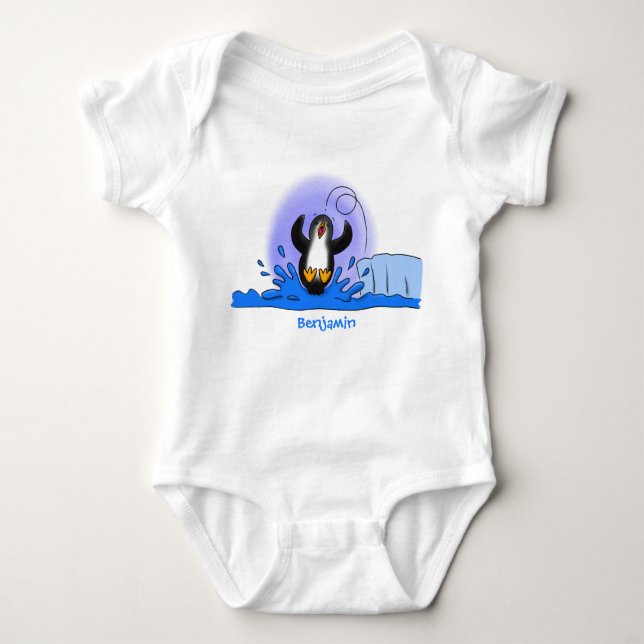 Cute happy jumping penguin cartoon illustration baby bodysuit (Front)