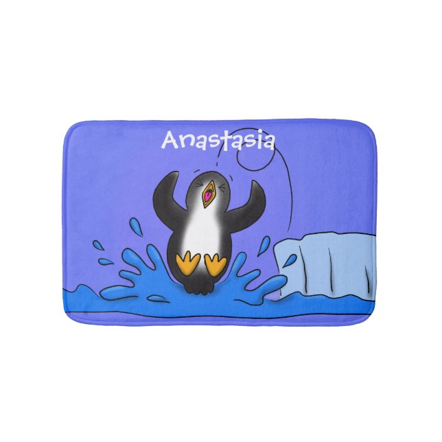 Cute happy jumping penguin cartoon illustration bath mat (Front)