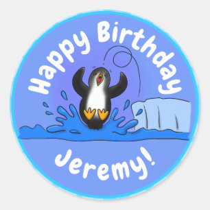 Cute happy jumping penguin cartoon illustration classic round sticker