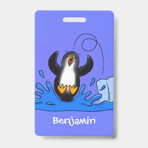 Cute happy jumping penguin cartoon illustration ID badge