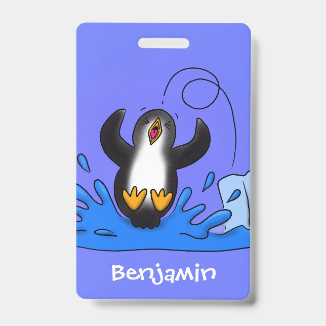 Cute happy jumping penguin cartoon illustration ID badge (Front)