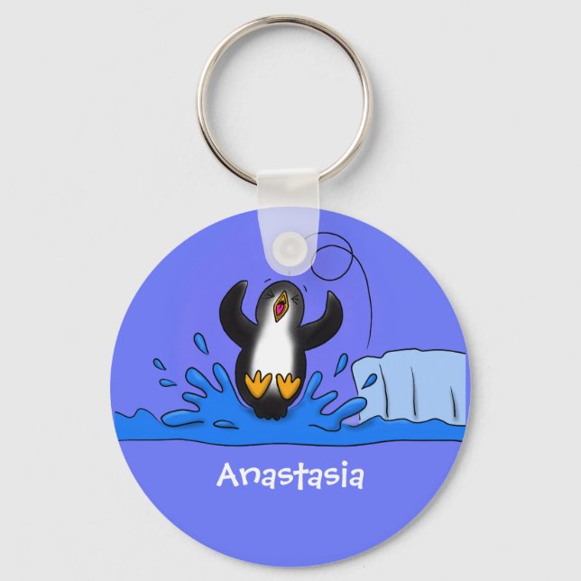 Cute happy jumping penguin cartoon illustration key ring (Front)