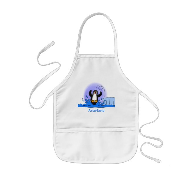 Cute happy jumping penguin cartoon illustration kids apron (Front)