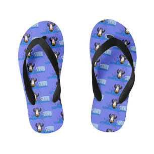 Cute happy jumping penguin cartoon illustration kid's jandals