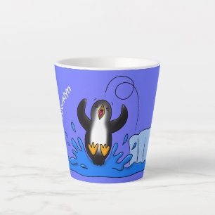 Cute happy jumping penguin cartoon illustration latte mug