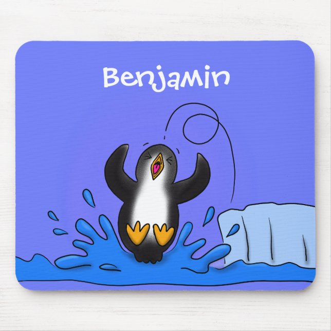 Cute happy jumping penguin cartoon illustration mouse pad (Front)