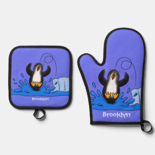 Cute happy jumping penguin cartoon illustration oven mitt & pot holder set