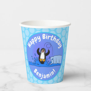 Cute happy jumping penguin cartoon illustration paper cups