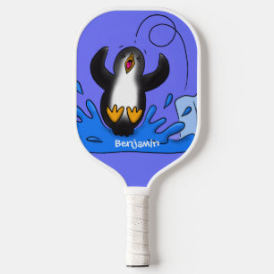 Cute happy jumping penguin cartoon illustration pickleball paddle