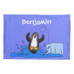 Cute happy jumping penguin cartoon illustration pillowcase