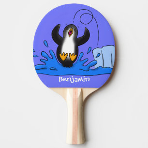 Cute happy jumping penguin cartoon illustration ping pong paddle