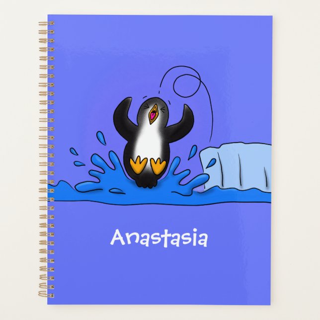 Cute happy jumping penguin cartoon illustration planner (Front)