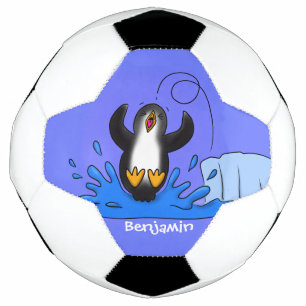 Cute happy jumping penguin cartoon illustration soccer ball
