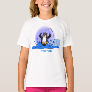 Cute happy jumping penguin cartoon illustration T-Shirt