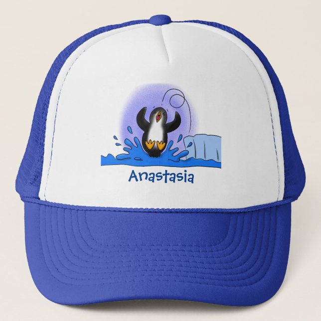 Cute happy jumping penguin cartoon illustration trucker hat (Front)