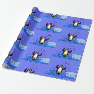 Cute happy jumping penguin cartoon illustration wrapping paper