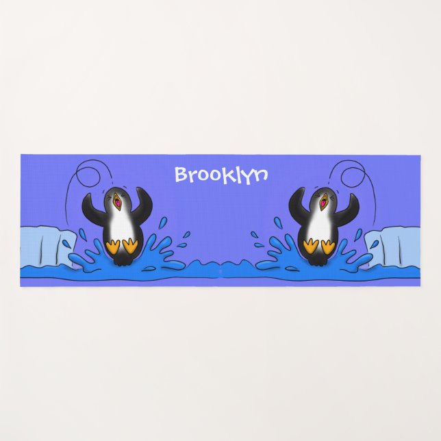 Cute happy jumping penguin cartoon illustration yoga mat (Front (Horizontal))