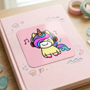 Cute Happy Kawaii Baby Unicorn with Headphones Square Sticker