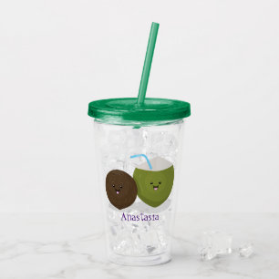 Cute happy kawaii coconuts cartoon illustration acrylic tumbler