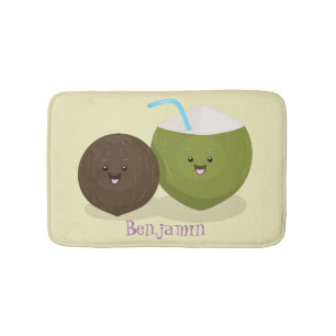 Cute happy kawaii coconuts cartoon illustration bath mat