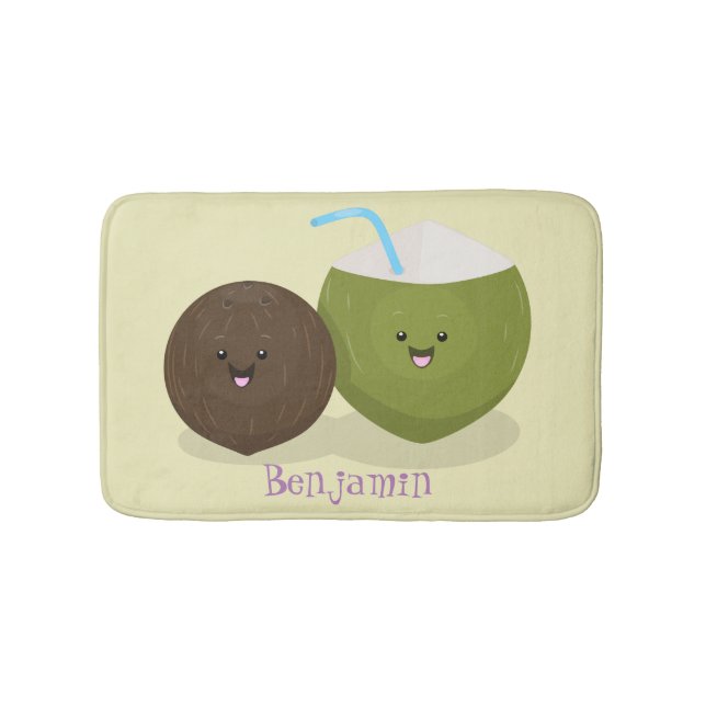 Cute happy kawaii coconuts cartoon illustration bath mat (Front)