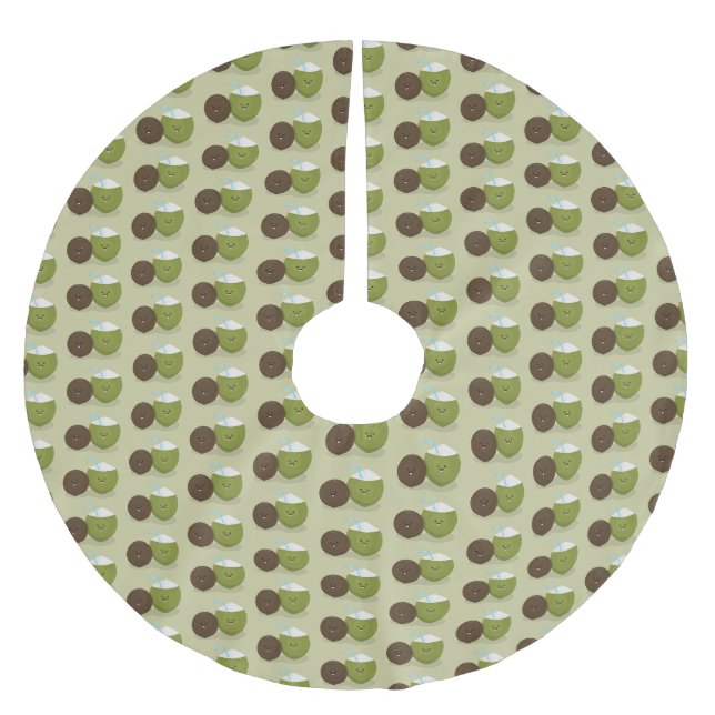 Cute happy kawaii coconuts cartoon illustration brushed polyester tree skirt (Front)