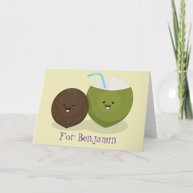 Cute happy kawaii coconuts cartoon illustration card (Front)