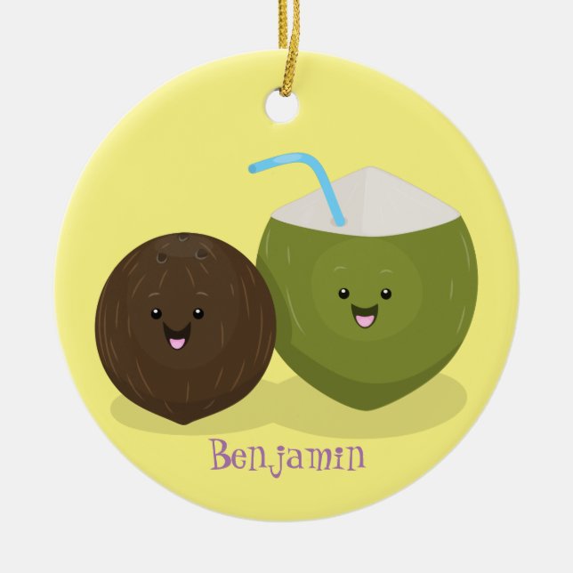 Cute happy kawaii coconuts cartoon illustration ceramic tree decoration (Front)