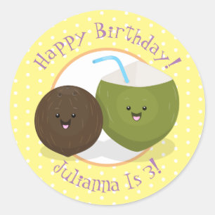 Cute happy kawaii coconuts cartoon illustration classic round sticker