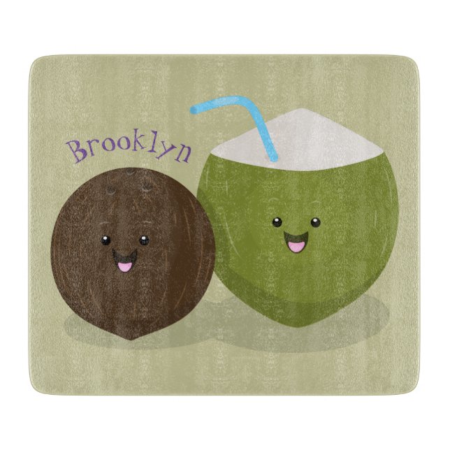 Cute happy kawaii coconuts cartoon illustration cutting board (Front)