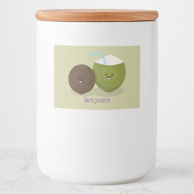 Cute happy kawaii coconuts cartoon illustration food label (Front)