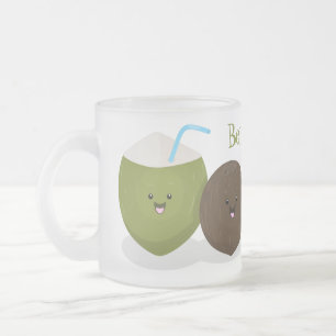 Cute happy kawaii coconuts cartoon illustration frosted glass coffee mug