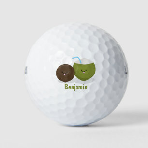Cute happy kawaii coconuts cartoon illustration golf balls