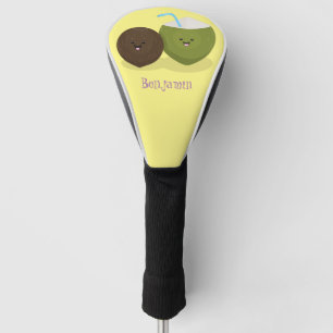 Cute happy kawaii coconuts cartoon illustration golf head cover
