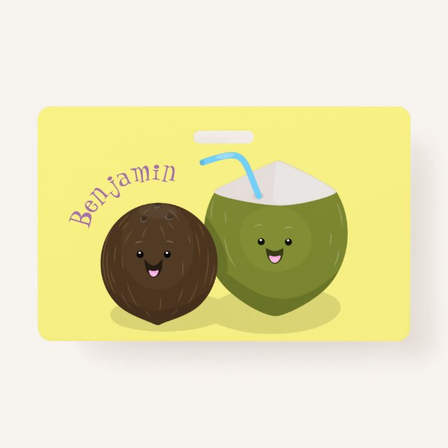 Cute happy kawaii coconuts cartoon illustration ID badge (Front)