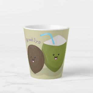 Cute happy kawaii coconuts cartoon illustration latte mug