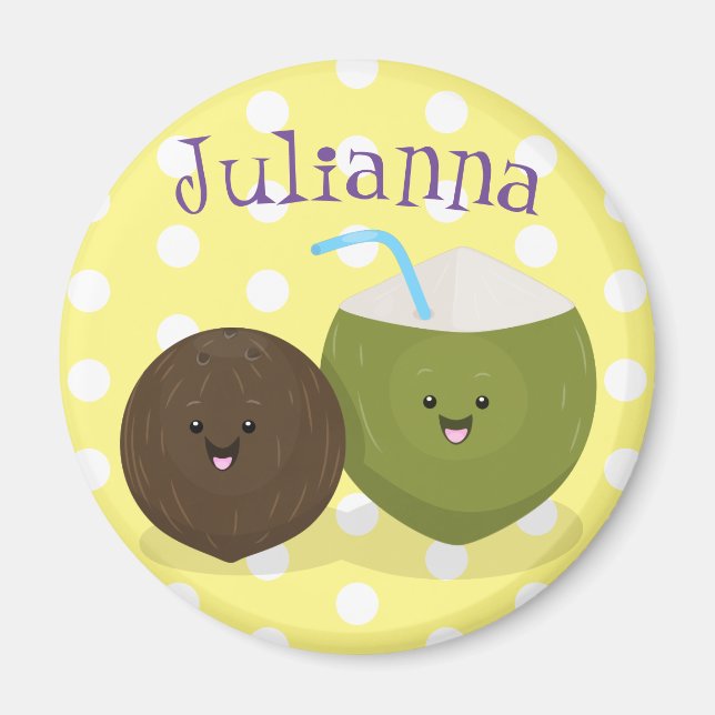 Cute happy kawaii coconuts cartoon illustration magnet (Front)