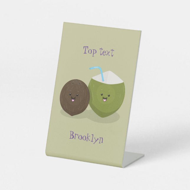 Cute happy kawaii coconuts cartoon illustration pedestal sign (Front)